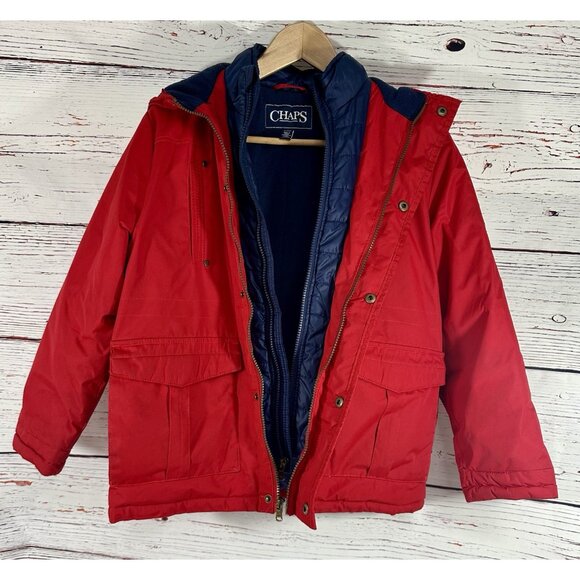Chaps Boys Hooded Winter Jacket Medium 10/12 Red Blue Pockets Warm Zipper READ - Picture 2 of 14